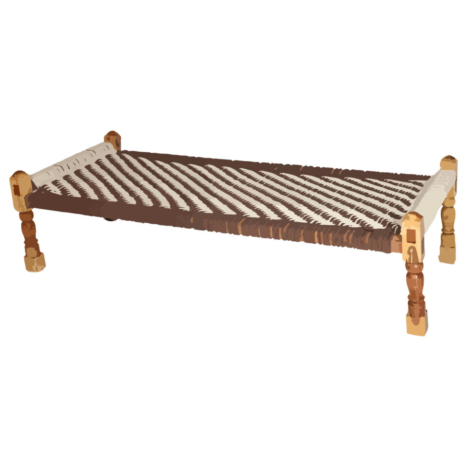 A traditional Indian Charpai bed with wooden frame joined by mortise and tenon joints and woven natural fibre surface.