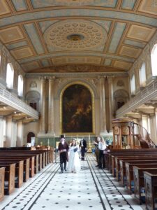 Decorated ceiling and view of the Naval College Chapel