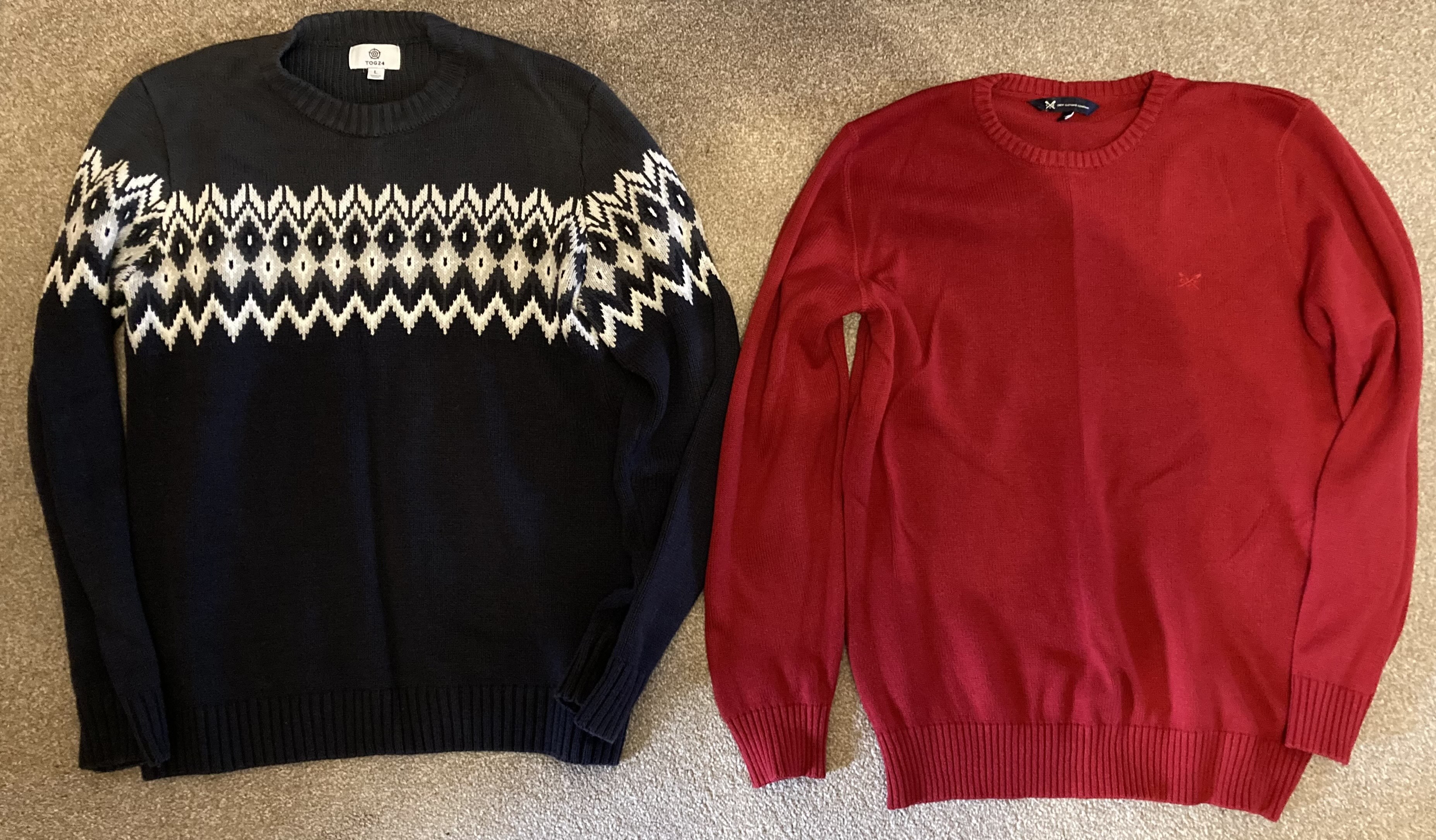 A red jumper and a blue jumper.