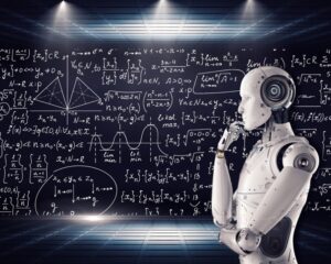 A robot appears to be thinking with a set of equations behind it.