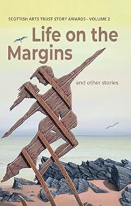 Life on the Margins and other stories book cover. The book cover features the background of a rocky beach and a wooden cut out of a couple dancing.