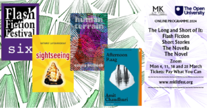 Banner advertising upcoming Monday evening online events: Short story, 11 March; Novella, 18 March; Novel, 25 March. Images of book covers by each of the guest authors. 