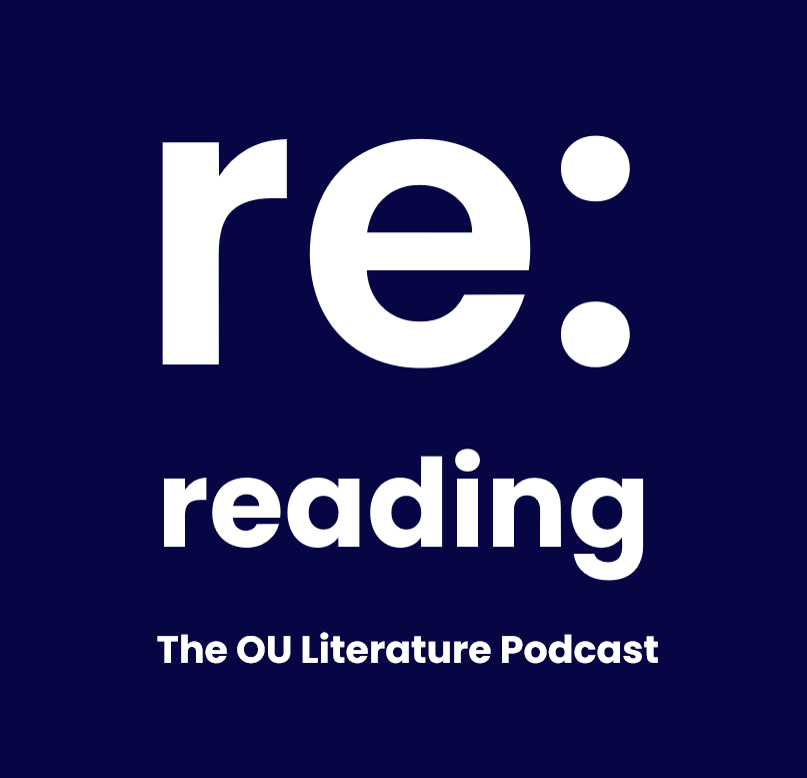 The logo of 're: reading, The OU Literature Podcast' in large white letters on a navy background