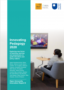 The cover of the 2020 Innovating Pedagogy report, showing two people playing a video game console in front of a TV on the wall