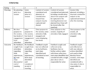 Table with rating scale rationale for each of the categories: Planning, Delivery, and Outcome