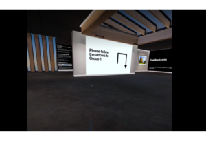 Screen capture of the view of the virtual working space from Mike's VR headset. We see a a room with walls of writing, art and instructions on them.
