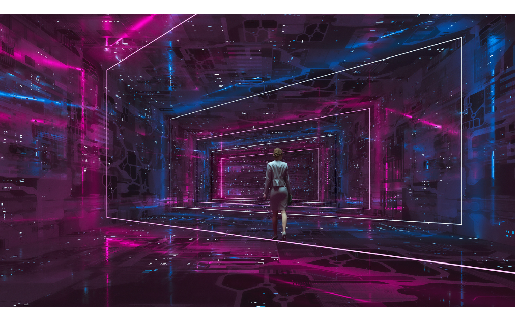 A conceptual virtual environment. A woman walks into a portal based on a computerised abstract.