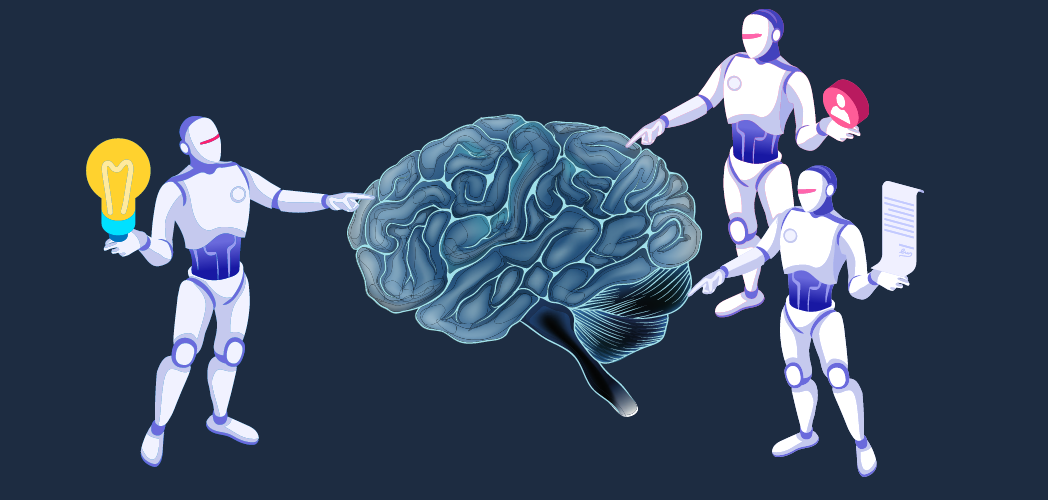Illistration of three robots prodding a human brain to acquire knowledge.