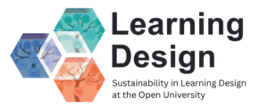 A .png image of the sustainability version of the OU Learning Design team logo. The text reads: Learning Design. 'Sustainability in Learning Design at the Open University'.