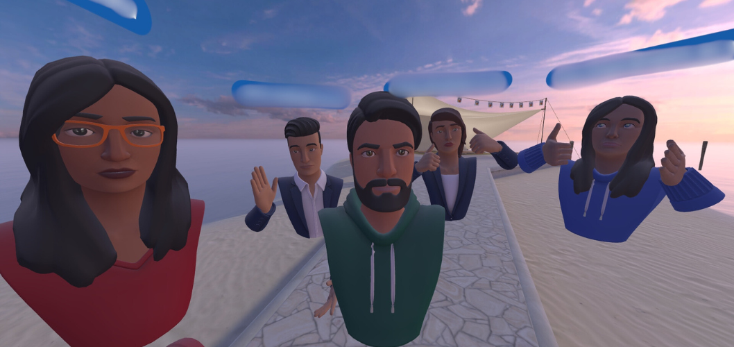 Screenshot from a Virtutal Reality app showing avatars of the team that engaged with the experimentation task.