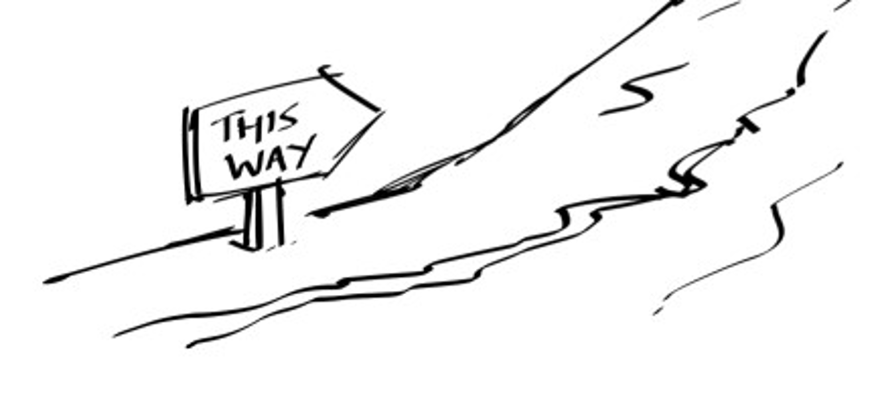 An arrow shaped sign pointing at an uphill road.