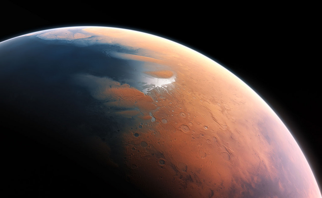 An artist impression oF the surface of the Planet Mars four billion years ago