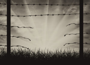 Gap in barbed wire fence which suggests someone may have got through without permission