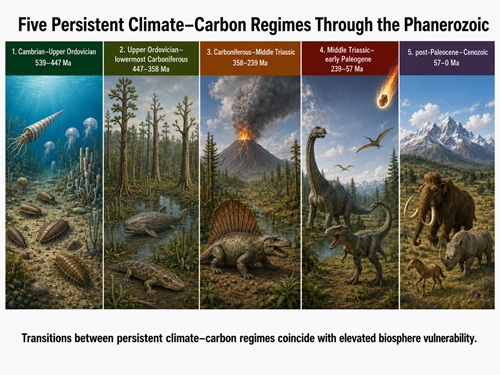 AI-generated depictions of five climate-carbon regimes