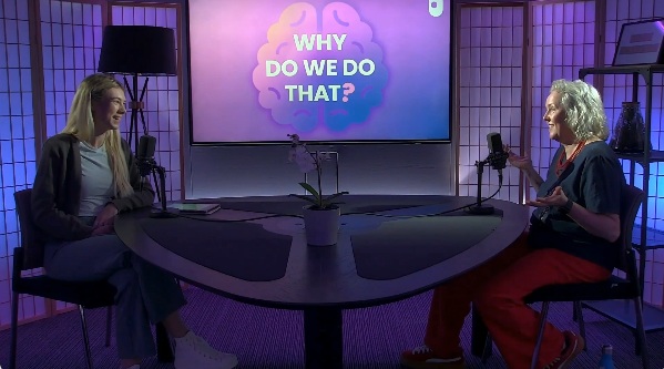 Image from the podcast showing presenter Freya Carter interviewing Prof of Psychology Catriona Harvard.