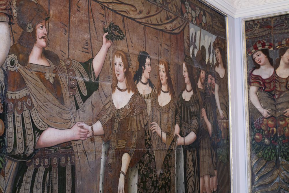 Close up image taken of the wall hangings at Dunster Castle, showing the gilt leather. Copyright: National Trust