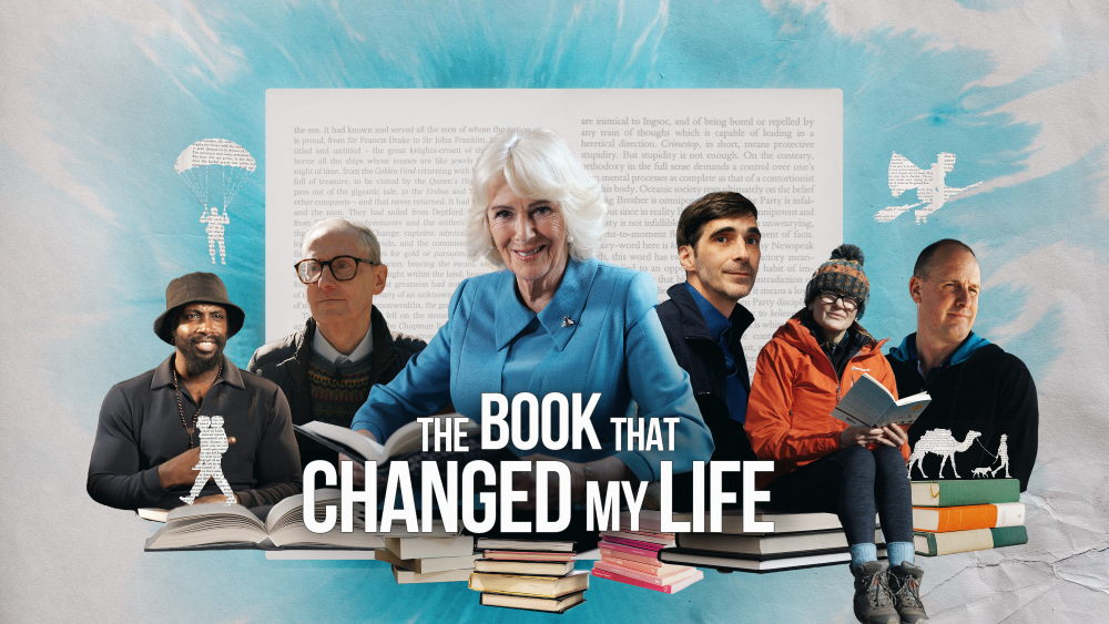 Promotional image for The Book That Changed My Life, showing five readers gathered around stacks of books with the programme title displayed across the centre.