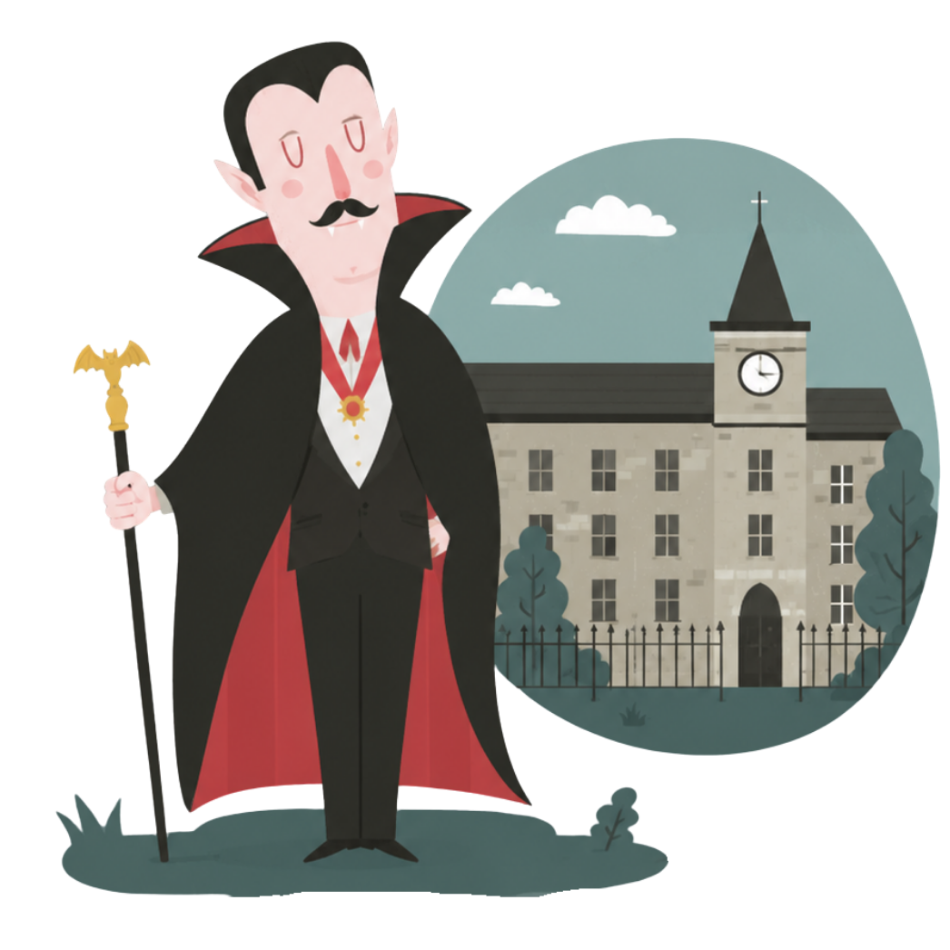 Cartoon of Dracula, from an interactive map on OU Connect. Copyright OU