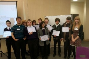 The winning teams from St Paul’s Catholic School in Milton Keynes, with Mairi and David