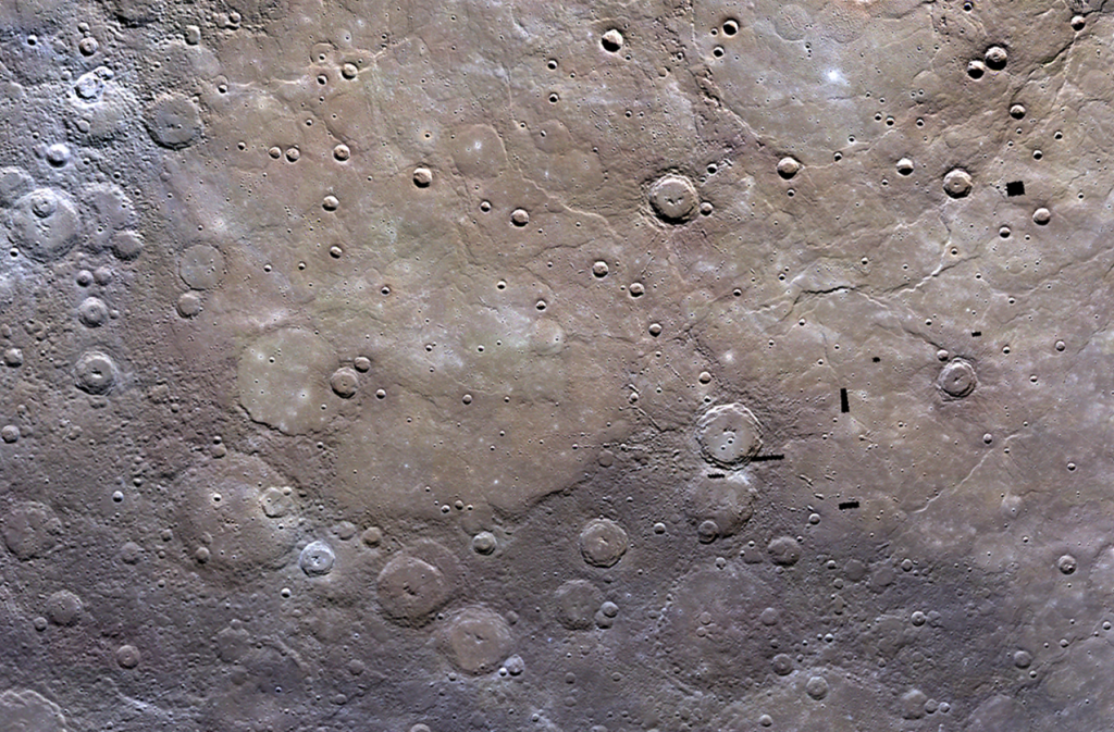 1700 km wide view from MESSENGER, including the edge of Mercury’s northern volcanic plains (NASA/JHUAPL/CIW)