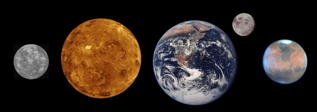 The rocky (terrestrial) planets plus the Moon, all to scale. From left to right: Mercury, Venus, Earth, Moon, Mars.
