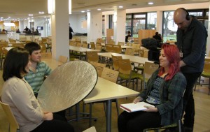 Clare being interviewed by Kerry with Jonathan holding the reflector and Gerard on camera.