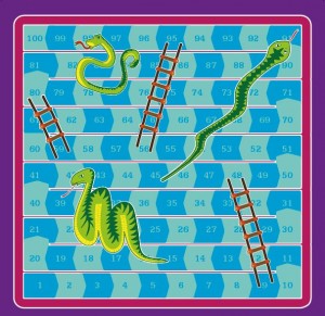 The snakes and ladders board. Design Peter Devine