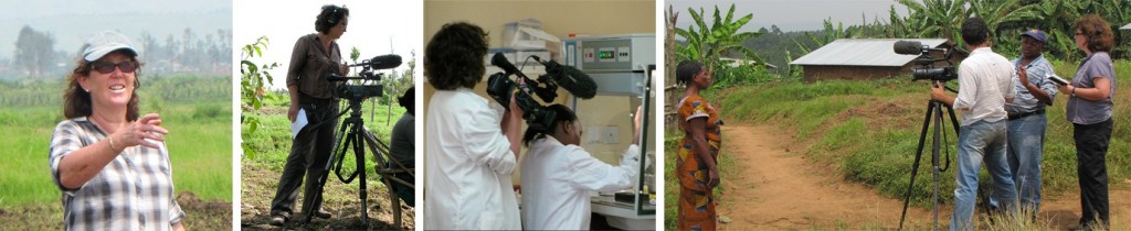 Clare Kemp (far left), with a film crew, working with a scientist, extension workers and farmers.