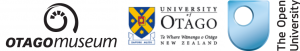 Logos for Otago Museum, University of Otago and The Open University.