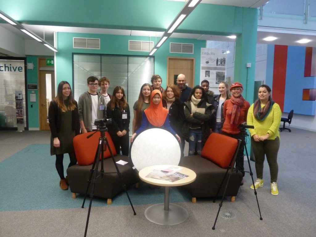 Media Training, December 2016: l-r, Pippa Jennings (Teacher), Year 12 Students from Denbigh School, Gerard Giorgi-Coll (Editor), Dr Janet Sumner (Executive Producer) and Kerry Reid (Assistant Producer and Postgraduate Research Student). Photo: Richard Holliman.