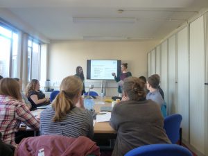 Kate Baker and Lucy Garrett  discussing the relative merits of engaging research. Photo: Richard Holliman.