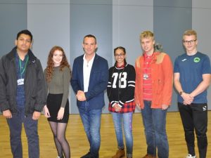 Martin Lewis with students from Denbigh School in Milton Keynes.