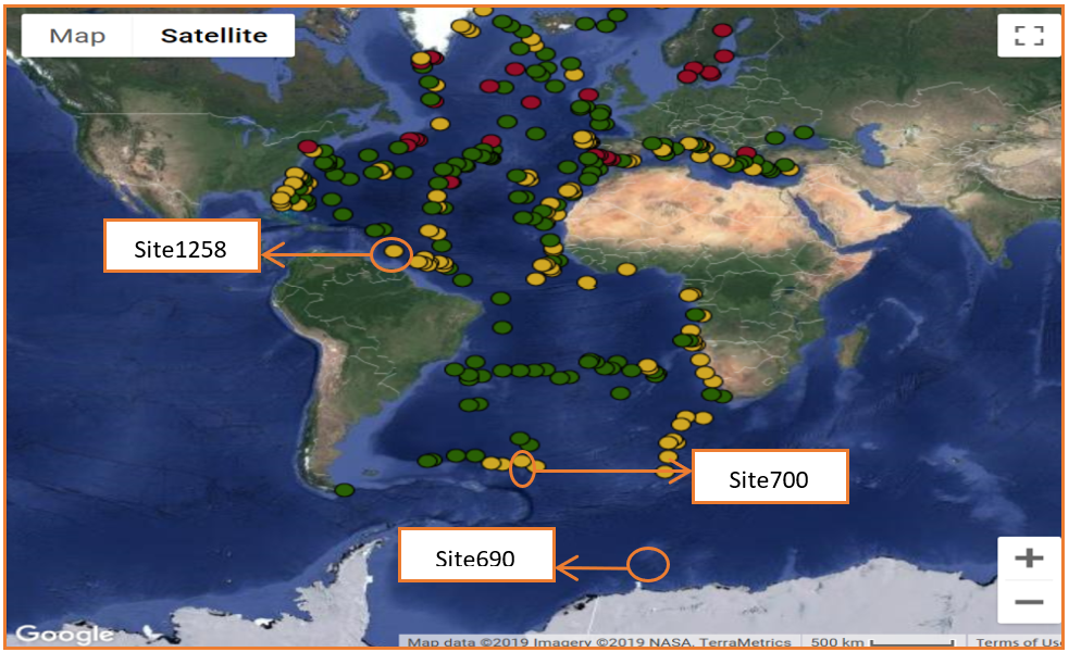 A map of the world, showing Site 1258, which is along the equator and Site 690, which is near Antarctica.