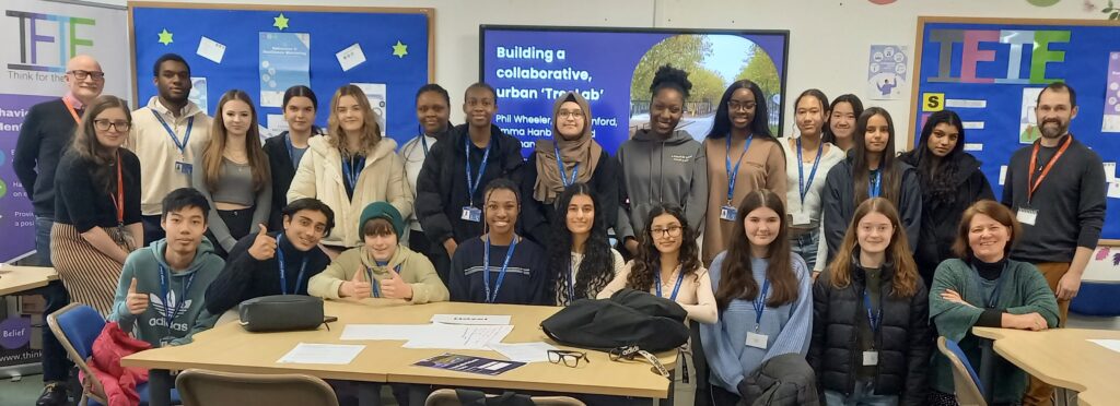 Year 12 students from Denbigh School in Milton Keynes, alongside Louisa Pretorious (teacher), Richard Holliman, Alice Dunford and Richard Holliman. Photo: Emma Hanby.