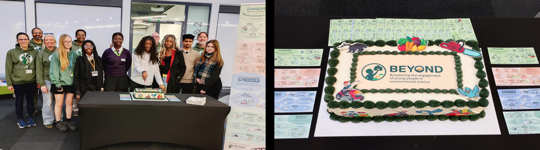 This is a composite image. On the left-hand side it shows members of the BEYOND team with young people that had attended all five events. On the right-had side, it shows the BEYOND Cake.