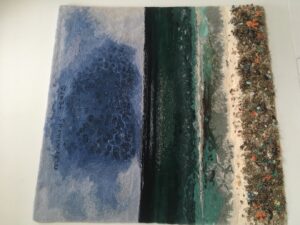 Mermaids’ Tears, based on Kurt Jackson’s original artwork, rendered by Louise Trotter in textiles (including string and plastic fibres collected from beaches), on display at Dovecote, Edinburgh, October 2021. Photograph Marion Bowman.