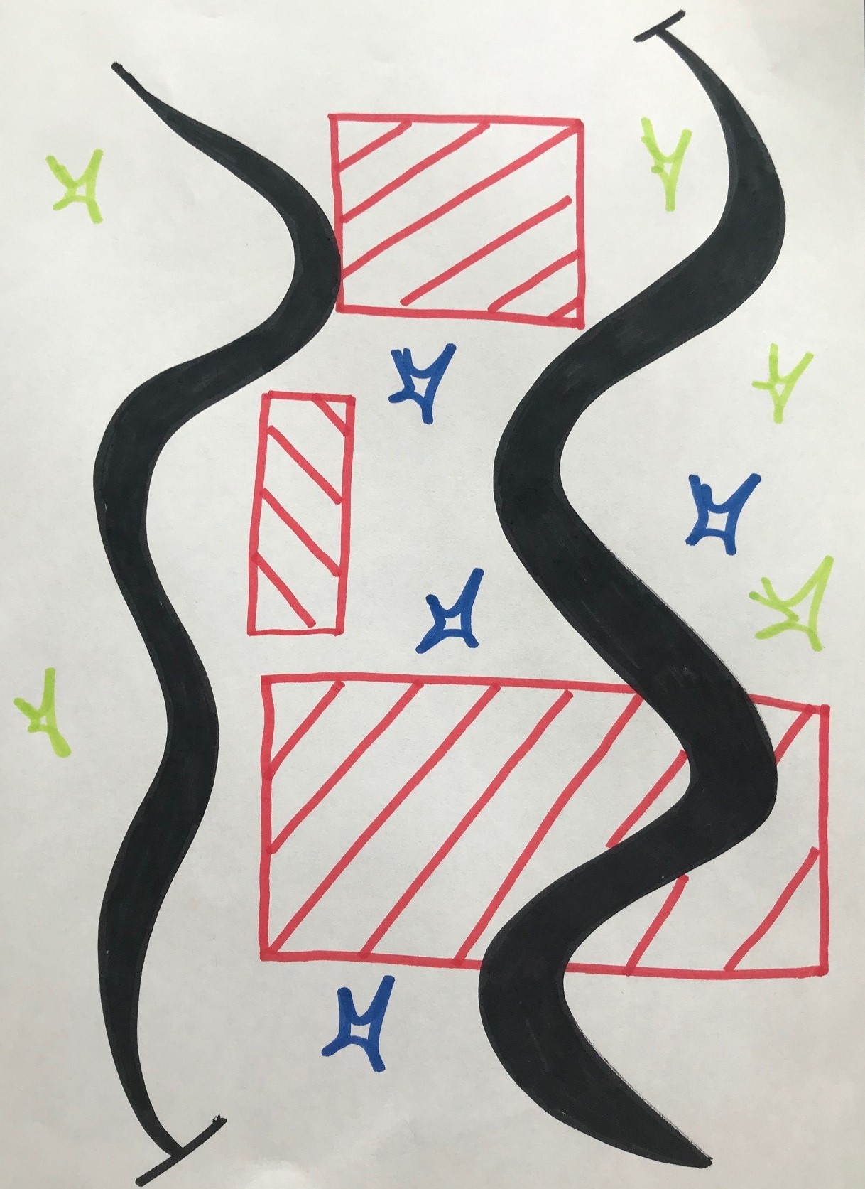 Drawing with red blocks, green and blue flashes with two thick black curly lines.