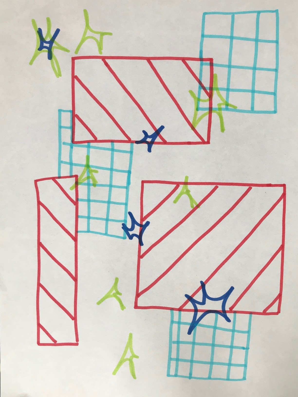 Drawing with red and blue overlapping blocks, green and blue flashes scattered across the drawing.