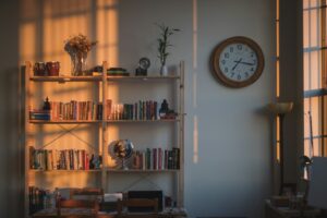 bookshelf at dusk