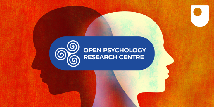 A dark and light silhouette of a human face, facing away from each other with the Open Psychology Research Centre logo layered over the top