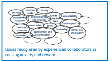 Infographic showing Issues recognised by experienced collaborators as causing anxiety and reward - such as learning, common goals, identity, culture, memberships, language, accountability, trust, social capital, working processes, resources, commitment and determinism, leadership, democracy and equality.