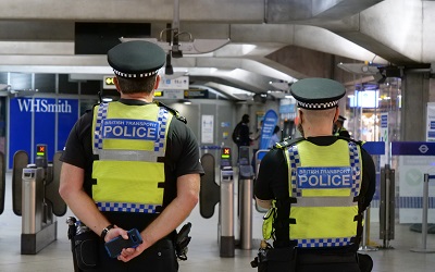  British Transport Police stand at Westminster train station in London