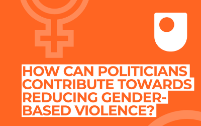 Orange background with the 'woman' symbol in lighter orange and text 'How can politicians contribute towards reducing gender based violence'
