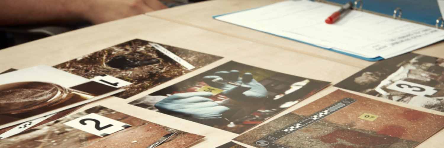 Crime scene photos laid out on a table