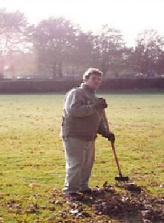 A man raking up leaves in a park setting
