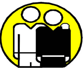 Two block drawn figures on a circular yellow background