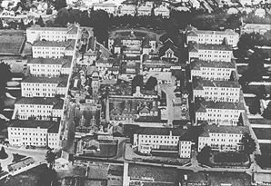An old black and white image of an aerial view of St Lawrence's