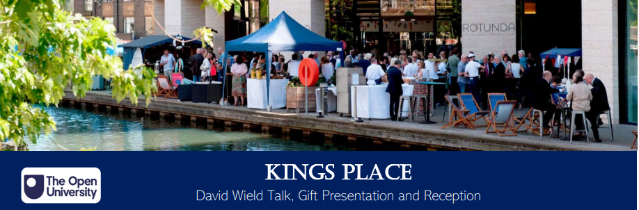 Kings Place canal and party, with OU logo and text "KINGS PLACE  David Wield Talk, Gift Presentation and Reception"