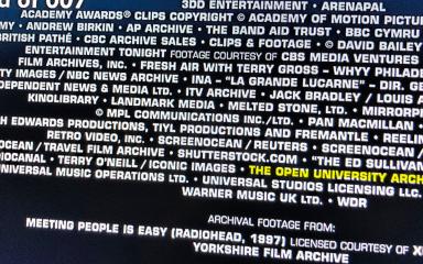 Credits at the end of the documentary, with The Open University Archive highlighted in yellow