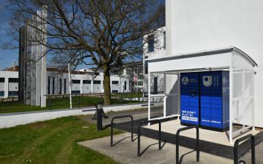 A photo of the lockers outside of the Library building building.